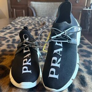 Prada Black and White Logo Knit Sneaker size 9/ 40